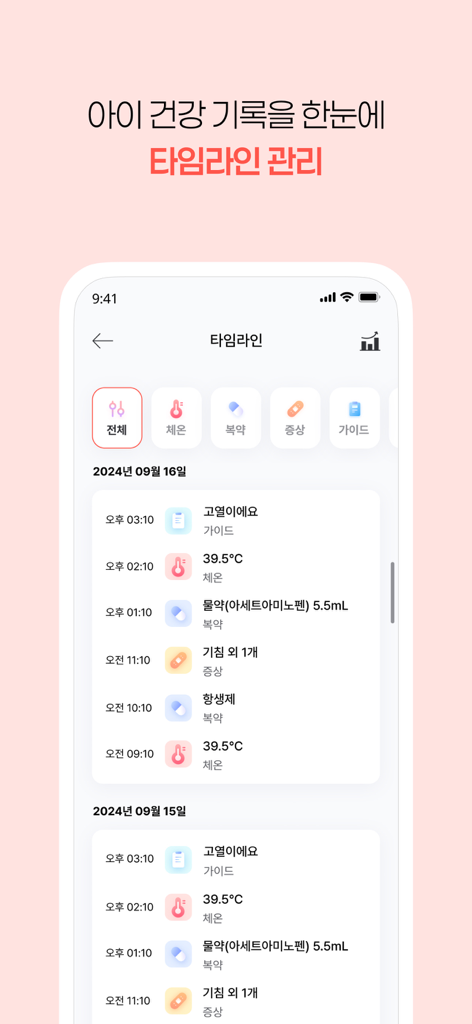 열나요 - 아이를 위한 열・해열제 관리 - A mobile app interface showing a detailed timeline of a child's health records including temperature checks and medication dosages