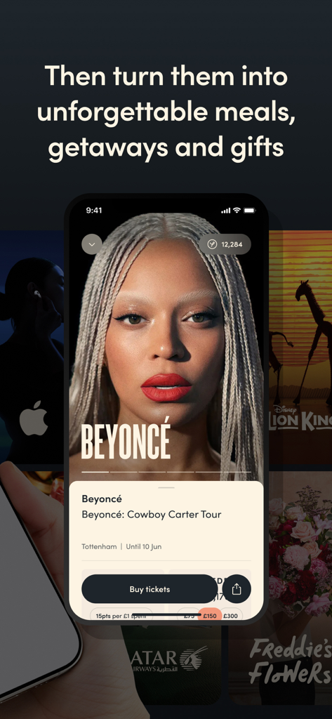 Yonder Rewards Cards - Yonder Rewards app interface showing points being used to book Beyonce concert tickets as part of lifestyle rewards