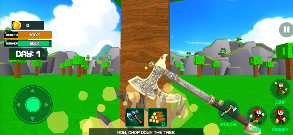 Survival Nights: Forest Escape - A first person view of a player using an ornate axe to chop down a tree for resources in a survival game