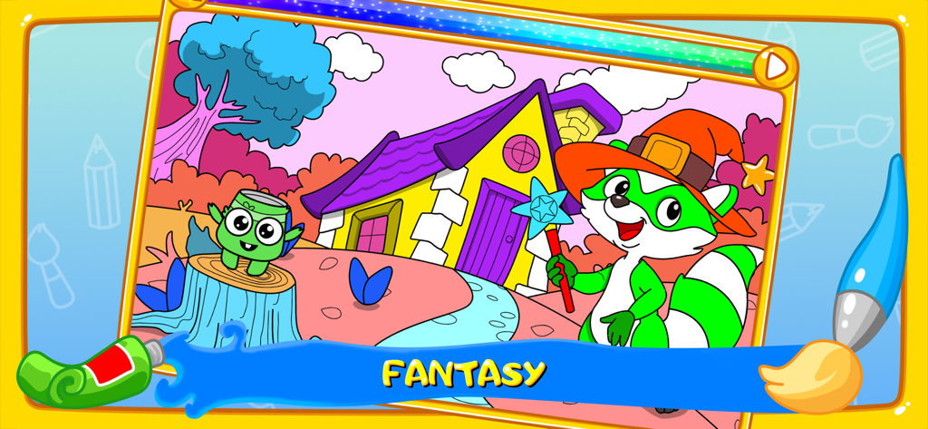 Colors for live coloring book - Una página para colorear digital de una aplicación para niños que muestra un mapache con un sombrero de mago junto a una casa colorida en un paisaje de fantasía.