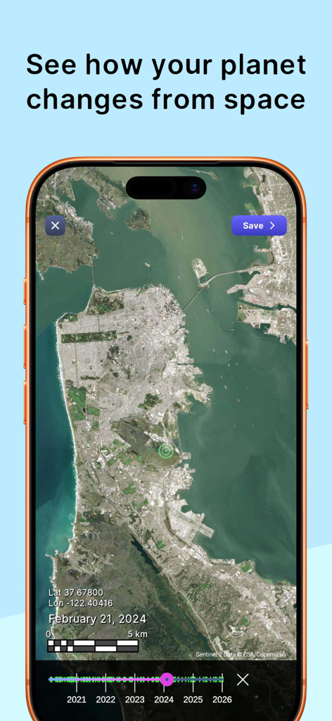 Timelapse Map:Purple Satellite - Vista satellitare di San Francisco su uno schermo mobile che mostra il cursore timelapse e la data
