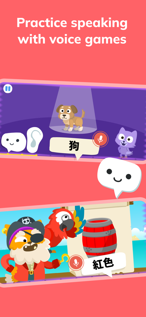 Crianças praticando mandarim com jogos de voz interativos no aplicativo Studycat