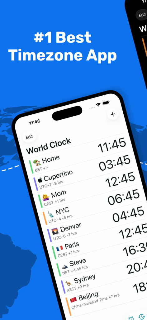 World Clock Timezone Converter app interface showing multiple global timezones on an iPhone.