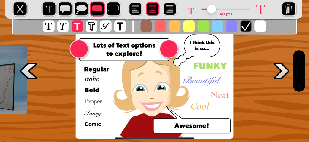 Una captura de pantalla de la interfaz de la aplicación Puppet Pals Book Builder que muestra opciones de formato de texto que incluyen estilos de fuente, colores y burbujas de voz para narración digital.