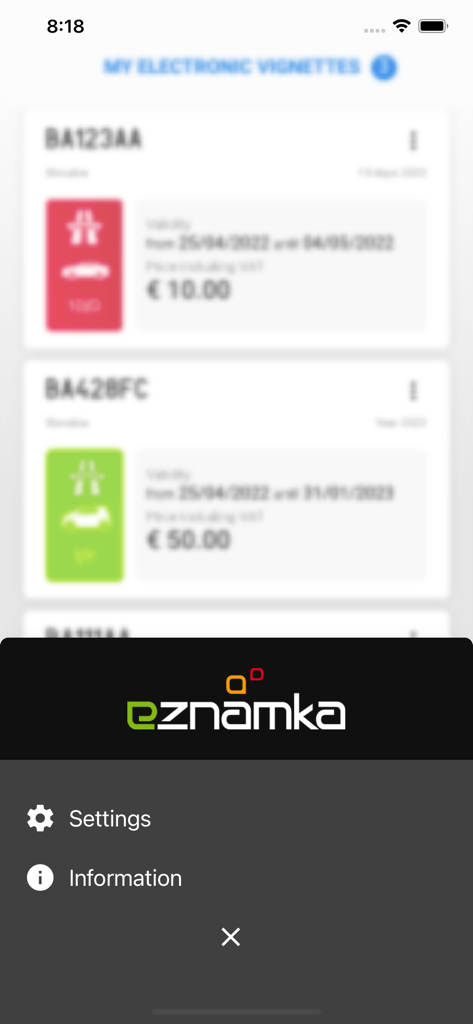 eznamka - Settings and information menu displayed over a list of electronic vignettes in the eznamka app.