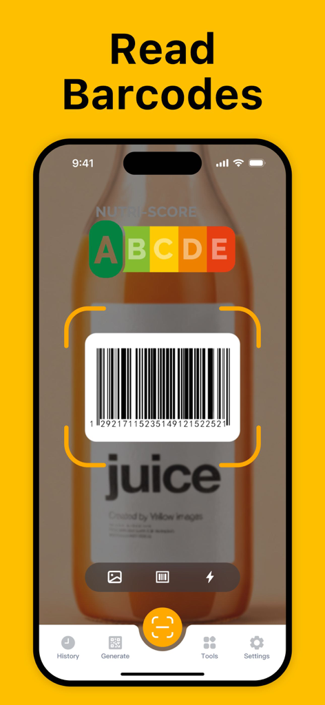 Mobile app scanning a product barcode on a juice bottle to show nutritional info and Nutri-Score rating