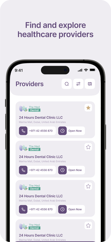 Almadallah mobile app interface showing a list of healthcare providers and clinics with contact information