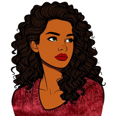 realistic looking caucasian woman with curly hair looking to the side