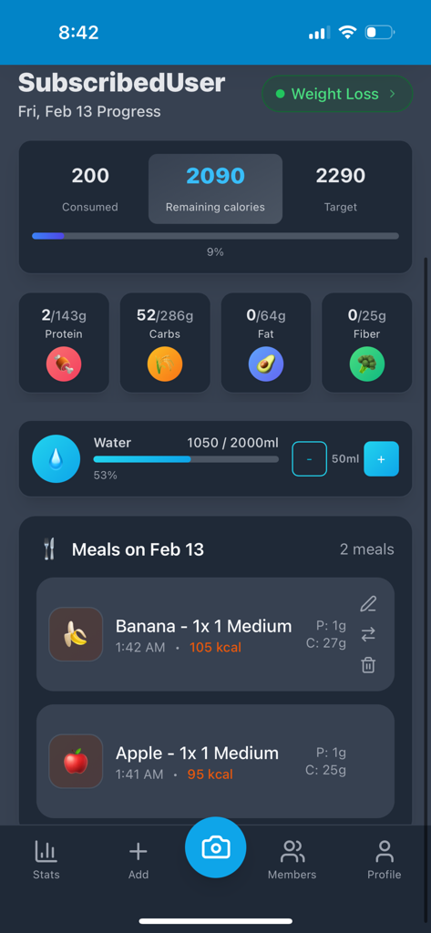 YumBridge – AI Food Tracker - YumBridge app dashboard showing daily calorie intake and macronutrient progress for weight loss