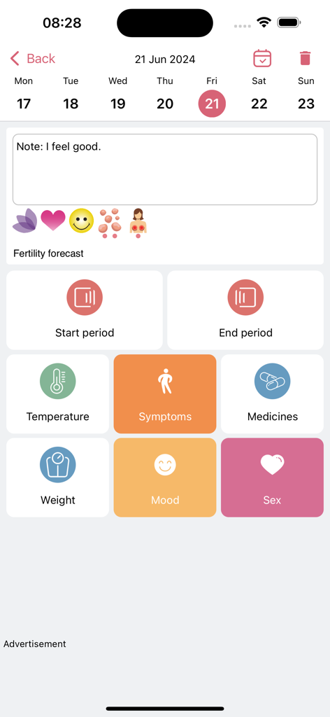WomanLog Calendar app interface for logging daily symptoms weight mood and period data