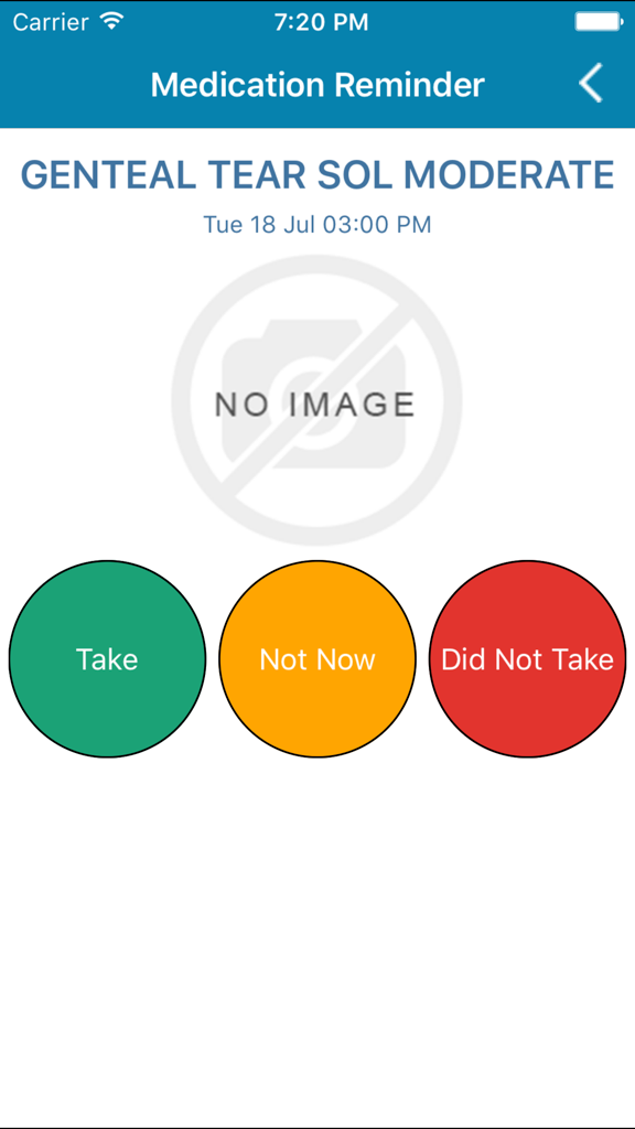 CaraSolva Prompt app screen displaying a medication reminder with options to take or skip a dose