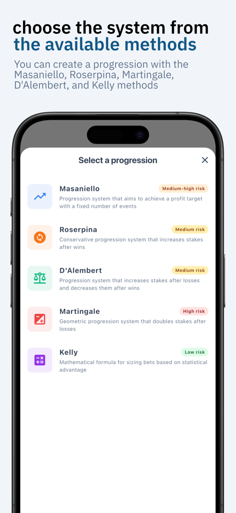 Interface of Betting Stake app showing a list of mathematical progression methods like Masaniello and Kelly for bankroll management