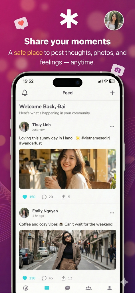 Lonely - Chat with Strangers - A smartphone display showing the Lonely app social feed where users share photos and thoughts in a safe community space.