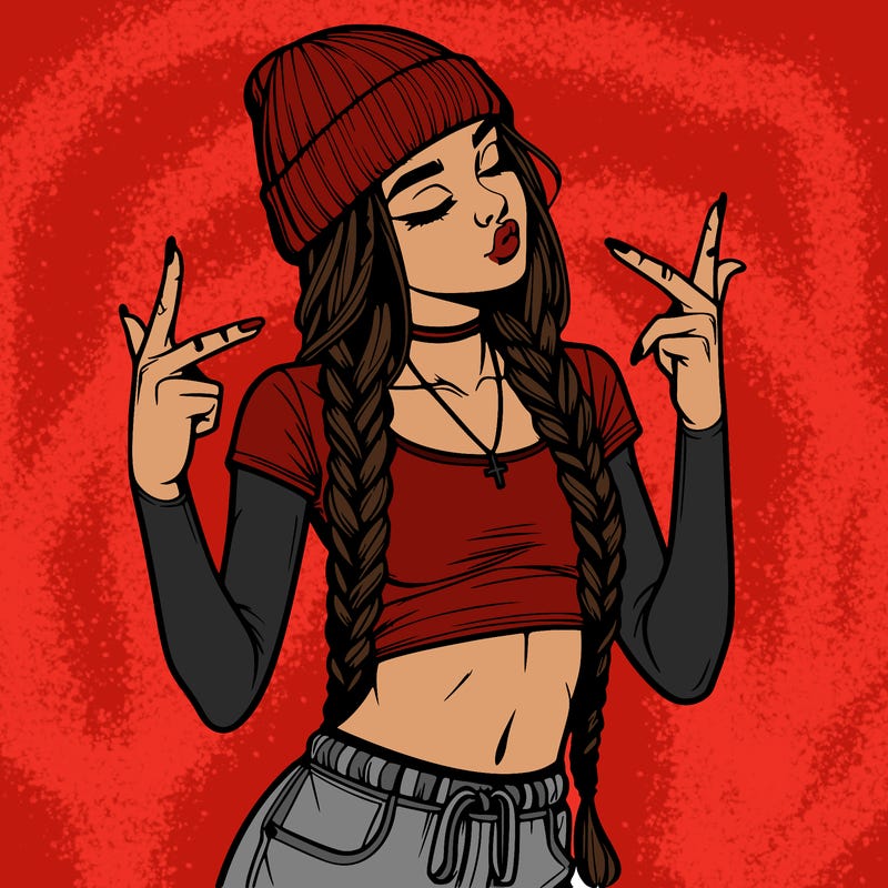 realistic teenage girl with braids and a beanie and crop top doing 🫶🏼