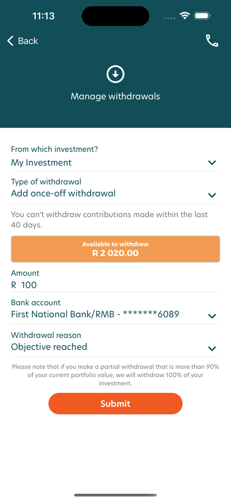 Alexforbes Invest - Mobile interface of the Alexforbes Invest app showing the Manage withdrawals screen with fields for withdrawal amount and bank account details