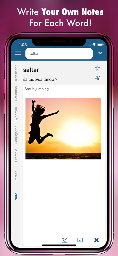 Spanish Plus Dict & Translator - Interface of Spanish Plus app showing custom notes and image for Spanish word saltar