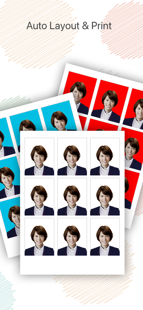 Example of passport photo sheets in white, blue, and red backgrounds with auto layout for printing