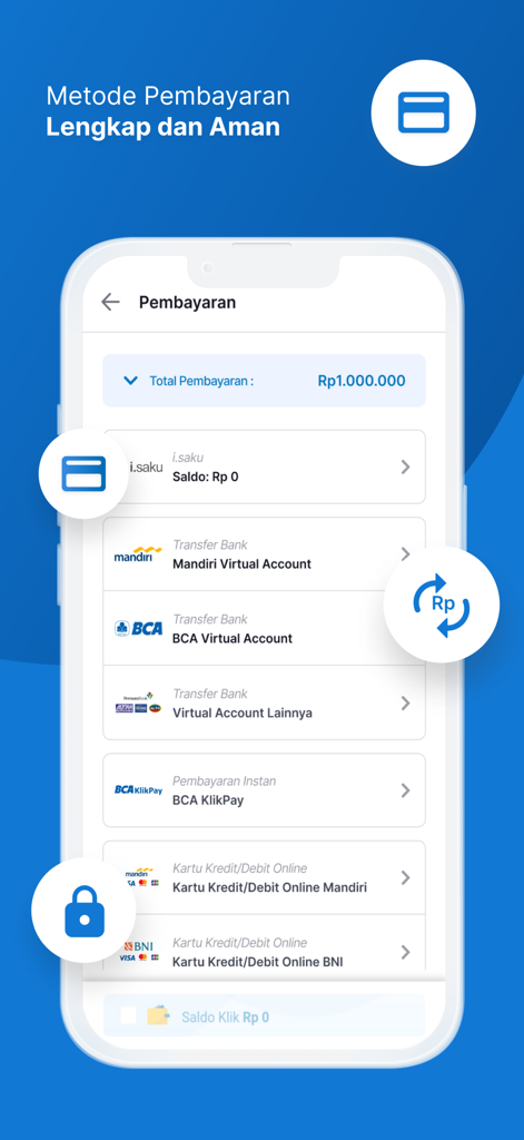 Klik Indomaret - Klik Indomaret mobile app payment screen showing various secure Indonesian payment options including bank transfers and virtual accounts