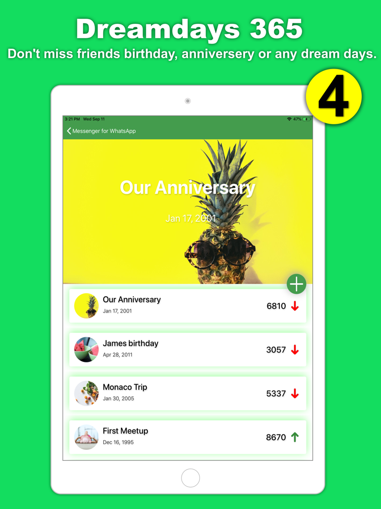 Uma captura de tela do iPad do recurso Dreamdays 365 dentro do aplicativo Messenger for Web ++ mostrando uma lista de aniversários e datas comemorativas rastreadas.