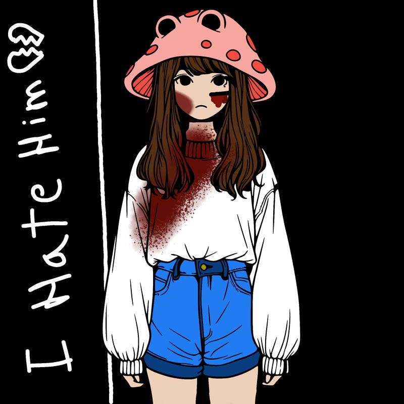 a realistic girl with a frog hat and baggy mushroom shirt