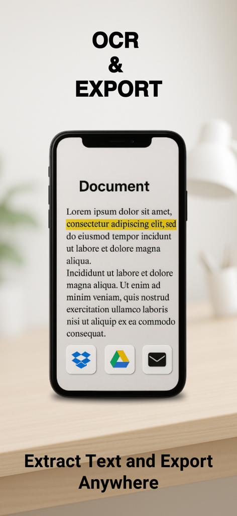 ProScan - Scanner To PDF - ProScanアプリのインターフェース。OCRテキスト抽出とDropboxおよびGoogle Driveへのエクスポートオプションを表示しています