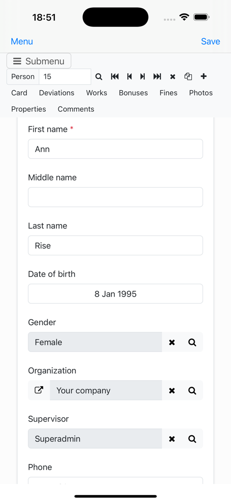 Nano Employee Timesheet - Employee profile management screen in Nano Employee Timesheet showing personal information fields like name and organization.