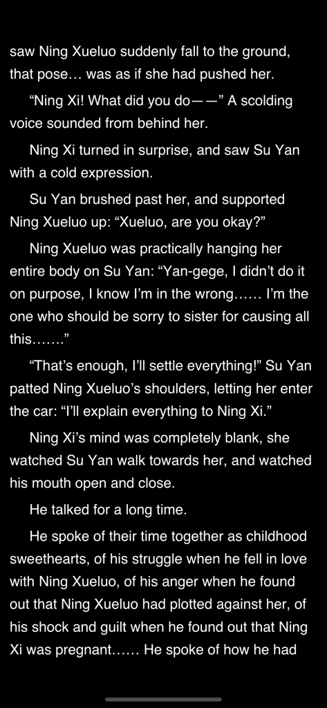 Reading screen of NovelReader app displaying a romance story with white text on a black background