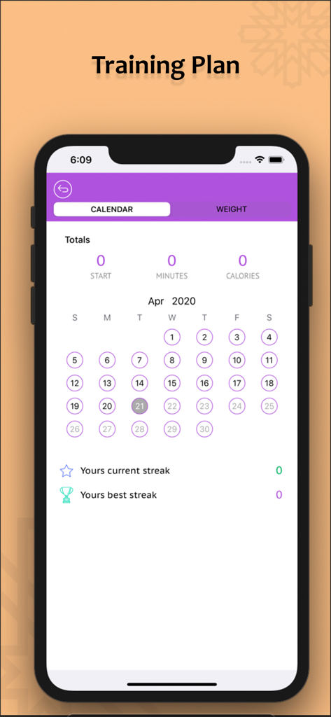 homes Workout For Women - Calendario del plan de entrenamiento que muestra el historial de ejercicios y las rachas en la aplicación de fitness