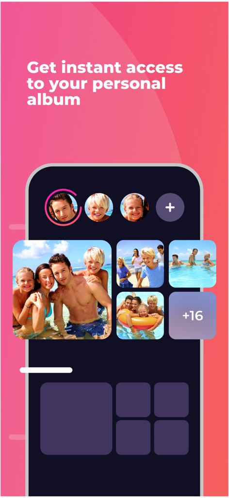 getpica.com - Interface of getpica mobile app showing a personal photo album with family beach pictures