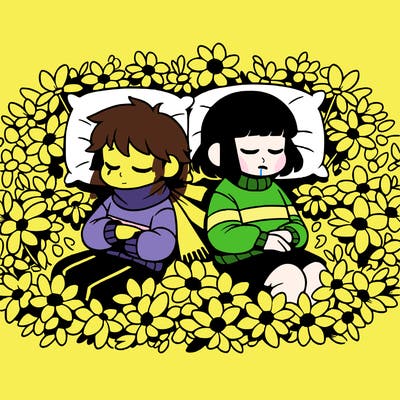 undertale chara and frisk in a bed of flowers