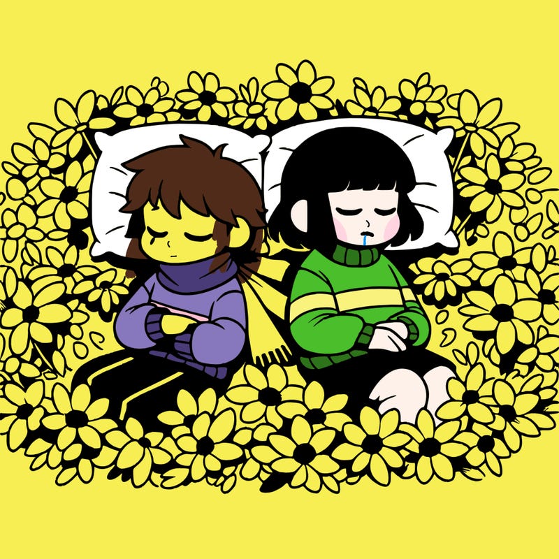 undertale chara and frisk in a bed of flowers