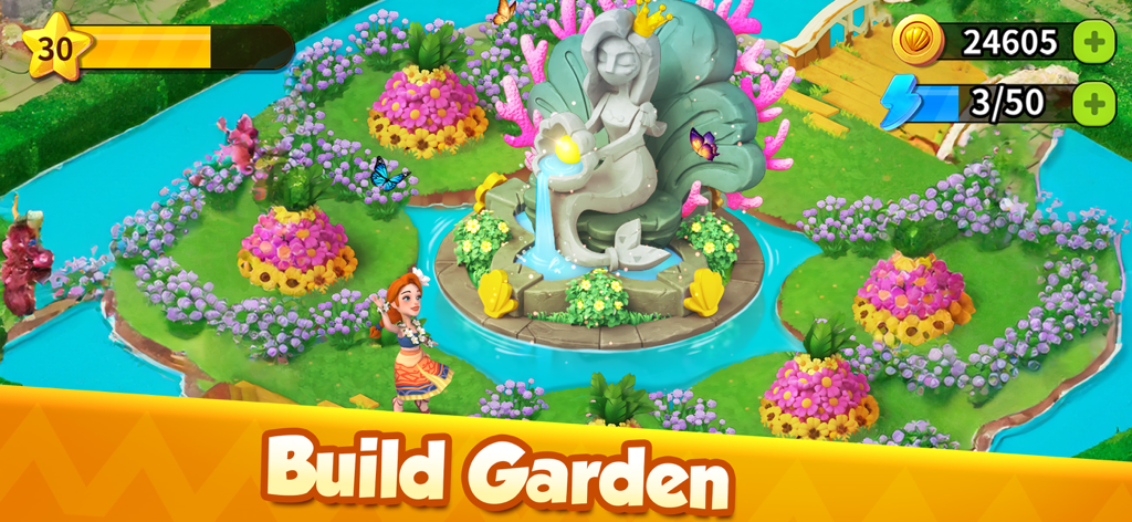 Felicia steht in einem farbenfrohen Garten mit einem Meerjungfrauenstatuen-Brunnen und Blumenbeeten in Family Farm Adventure