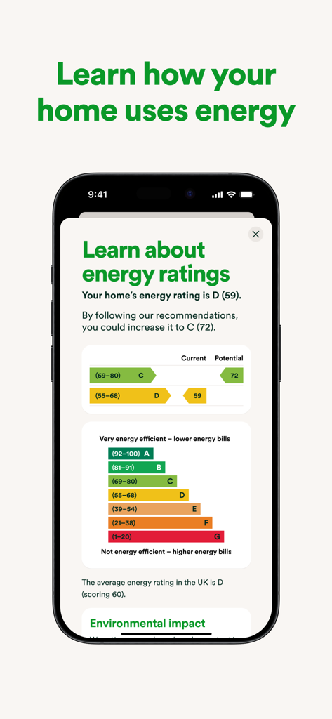 Aplicación OVO Energy mostrando un informe de calificación de eficiencia energética del hogar con una escala de la A a la G.