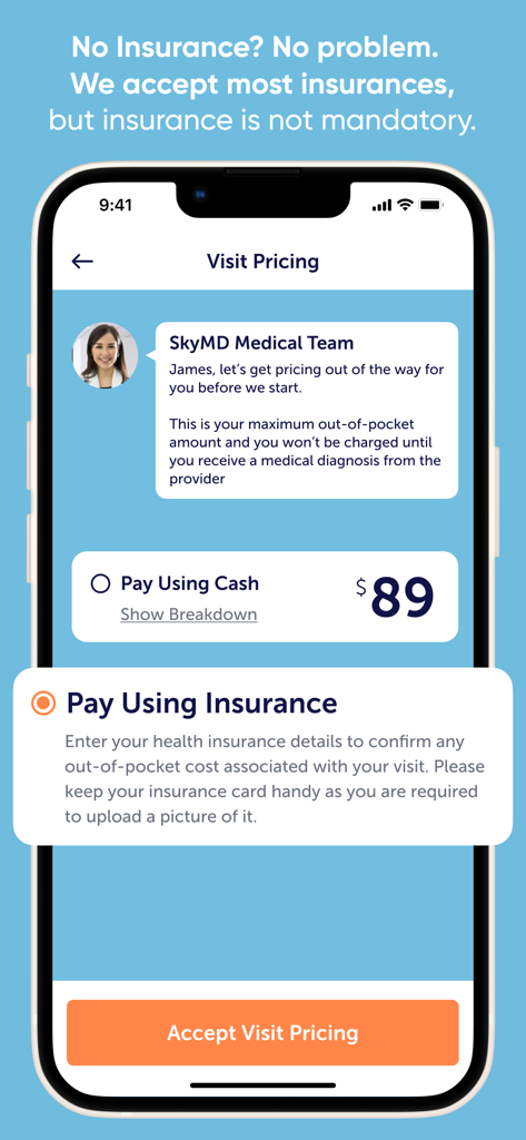 SkyMD 24/7 Telehealth - 현금 결제 또는 의료 보험에 대한 진료 비용 옵션을 보여주는 SkyMD 앱 화면