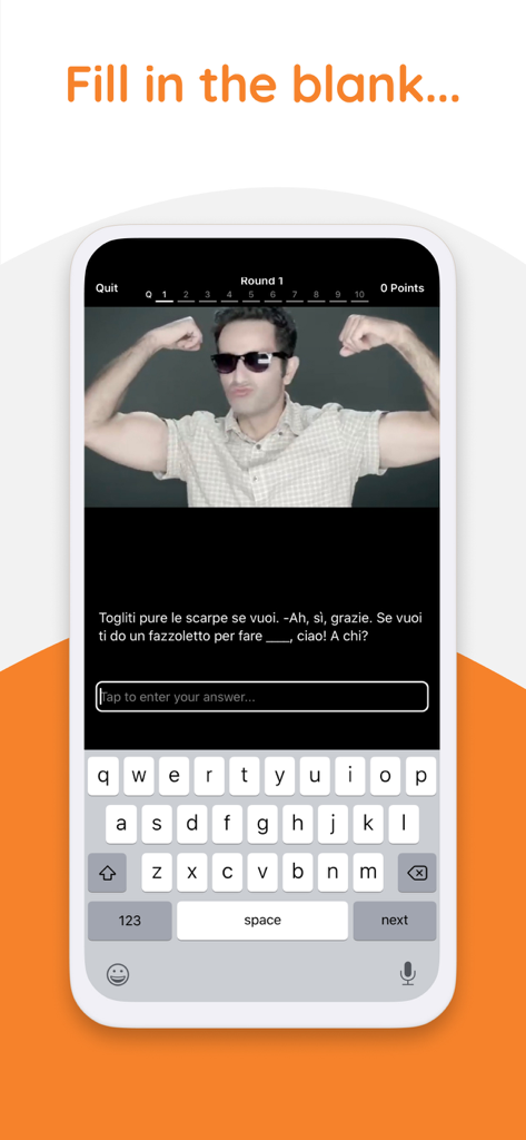Yabla English - La aplicación Yabla English muestra un ejercicio de idioma de completar espacios en blanco basado en video