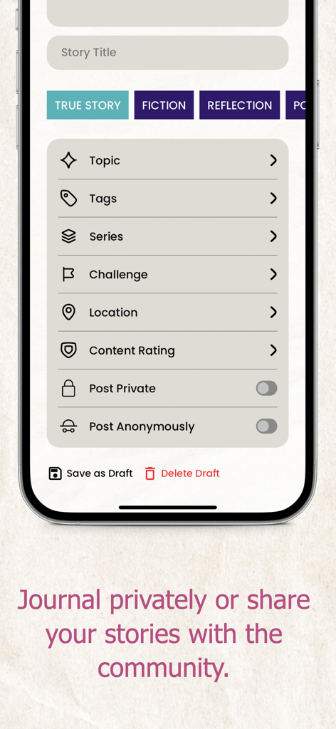 Interface of Storyplace app showing options to create a story with settings for tags topics and privacy