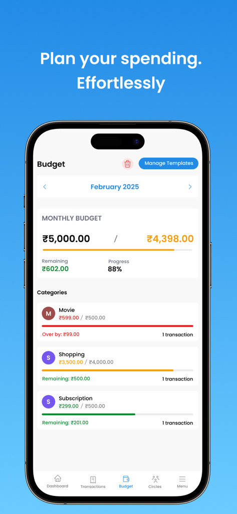 Nexpenz: Smart Money Manager - Interfaz de la aplicación Nexpenz mostrando un resumen del presupuesto mensual y el seguimiento de las categorías de gasto.