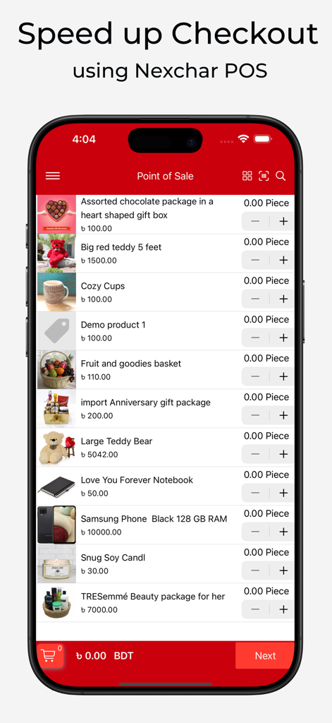 Nexchar POS - Nexchar POS app mobile interface showing products and checkout options