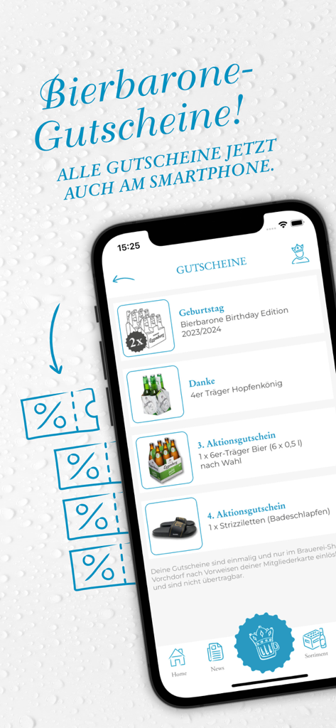 Uma tela de smartphone do aplicativo Bierbarone mostrando uma lista de vouchers de cerveja digitais e recompensas de fidelidade.