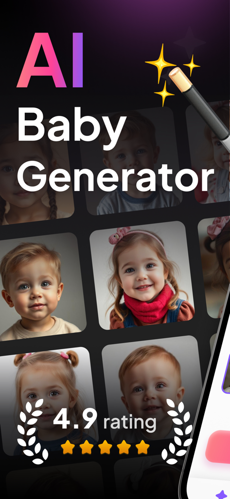Écran de l'application AI Baby Generator avec des visages de bébés générés et une note de 4,9 étoiles