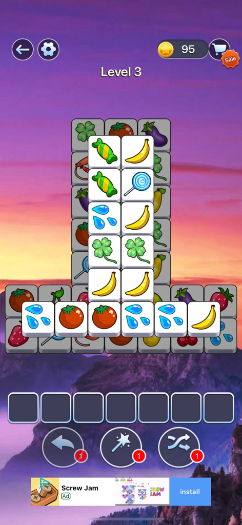 Tile Master Pro: Triple Match - Captura de tela do jogo Tile Master Pro mostrando um tabuleiro de puzzle com peças coloridas de frutas e vegetais acima de uma bandeja de combinação vazia.