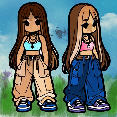 girl in baggy pants crop top and long hair