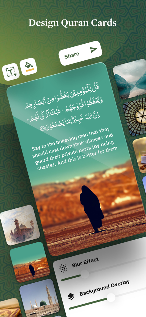 Quran Kareem ' القرآن الكريم - Interface d'application mobile montrant comment concevoir et partager des cartes de versets coraniques personnalisées avec des images d'arrière-plan et des effets de flou.