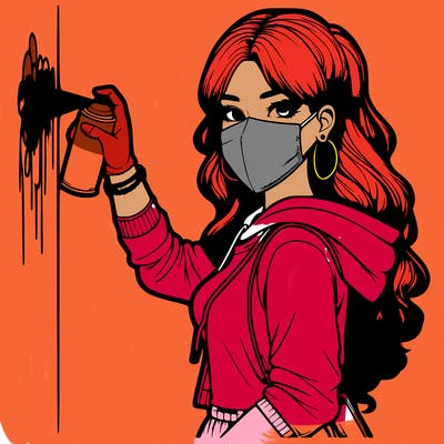 realistic girl with mask spray painting a wall