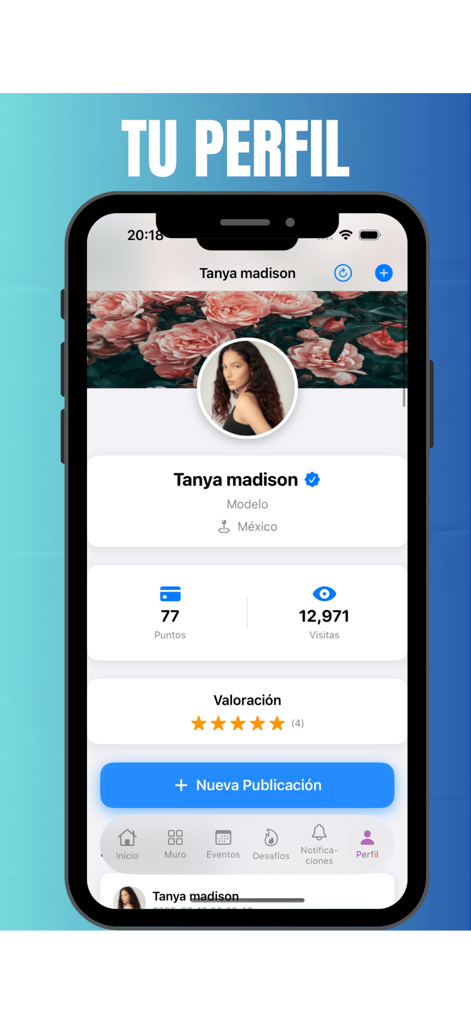 HolliModels - HolliModels App-Oberfläche, die eine Model-Digital-Portfolio-Profilseite mit Statistiken und Bewertungen anzeigt