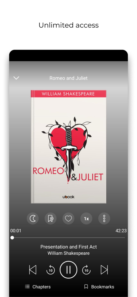 Ubook: Audiobooks - Ubook app screen showing the audiobook player interface with playback controls for Romeo and Juliet by William Shakespeare