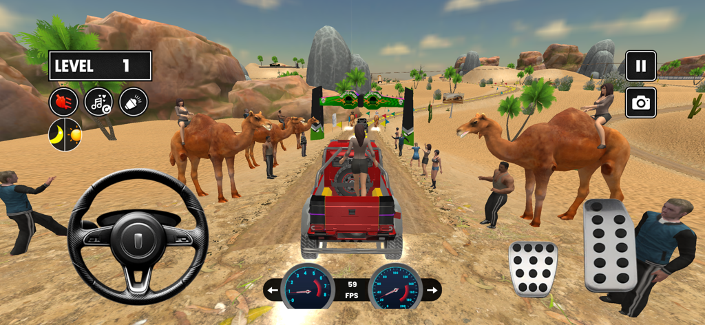 Dunes Offroad Car Simulator 3D - A red off-road truck driving through a desert rally with camels and spectators