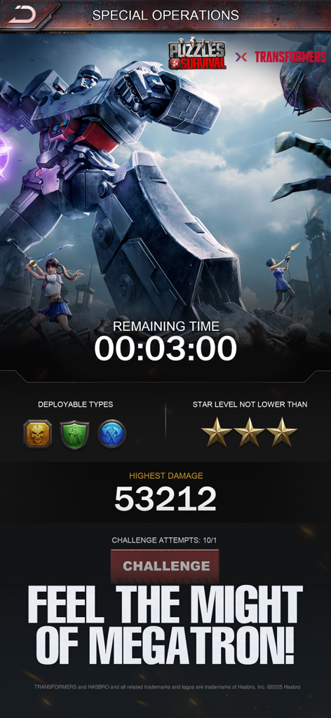 Puzzles & Survival - Megatron featured in a Puzzles and Survival Transformers collaboration special operations event