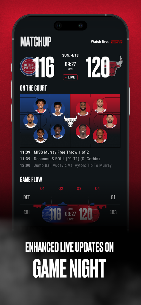 Chicago Bulls - Chicago Bulls app interface showing a live game matchup with score player positions and game flow stats