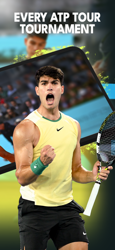 Tennis TV - Live Streaming - El tenista Carlos Alcaraz celebrando en la aplicación Tennis TV con el texto 'Todos los torneos del ATP Tour'
